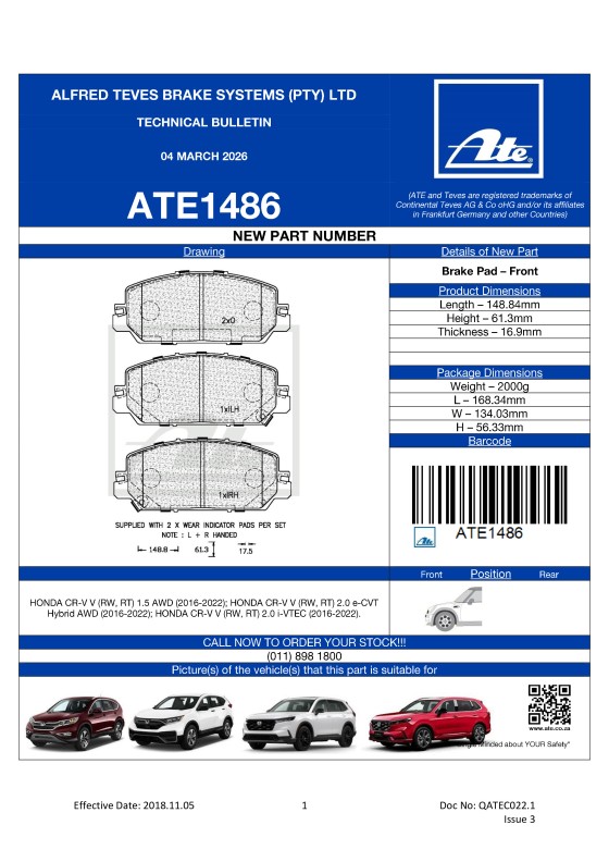 ATE1486 NEW! Brake Pad for Honda CR-V featured image